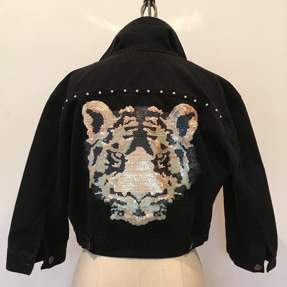 Black denim sequin tiger cropped jacket